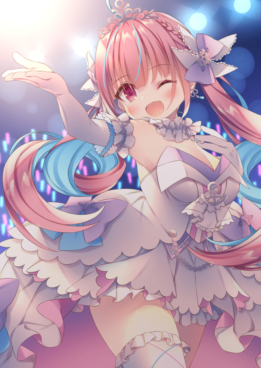 1girl absurdres anju_(mocomocousagi) blue_hair blurry blurry_background blush bow braid breasts cleavage commentary_request crown_braid detached_collar dress earrings elbow_gloves eyebrows_visible_through_hair gloves glowstick hair_between_eyes hair_bow highres hololive idol jewelry looking_at_viewer medium_breasts minato_aqua multicolored_hair one_eye_closed open_mouth outstretched_arm pink_hair red_eyes sleeveless sleeveless_dress solo spotlight strapless strapless_dress thighhighs tiara twintails two-tone_hair virtual_youtuber white_dress white_gloves zettai_ryouiki