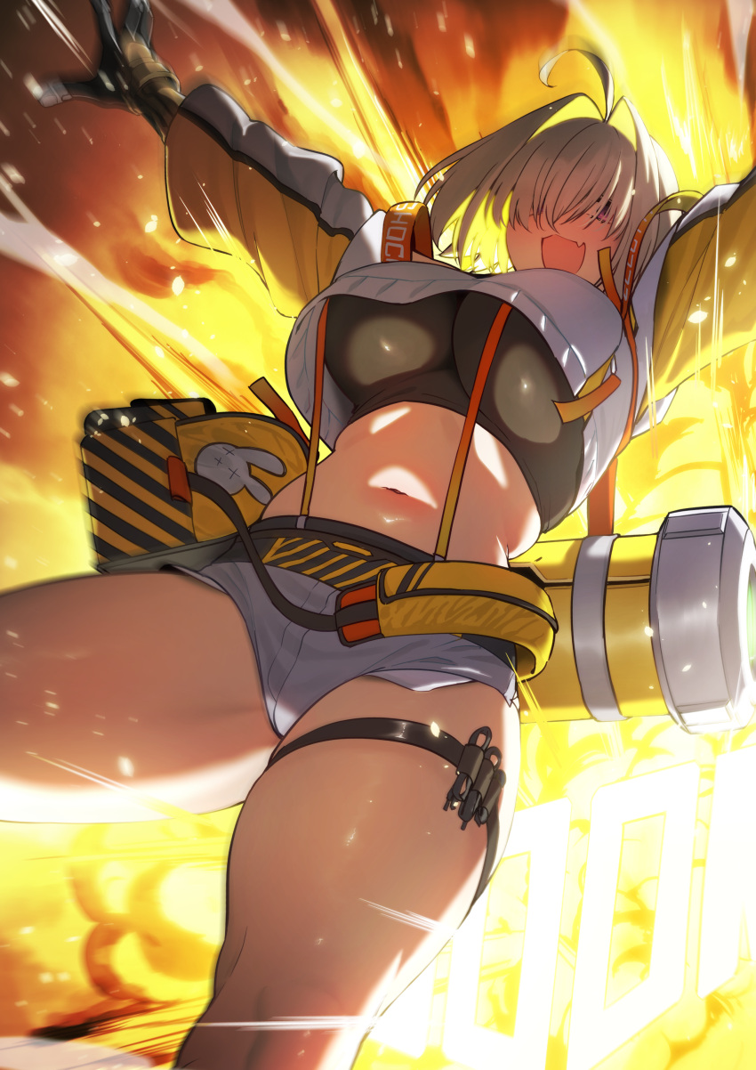 1girl absurdres ahoge amano_don black_bra blonde_hair bra breasts commentary crop_top crop_top_overhang cropped_jacket curvy elegg_(nikke) explosion fang fanny_pack feet_out_of_frame goddess_of_victory:_nikke hair_intakes hair_over_eyes highres jacket large_breasts long_bangs looking_at_viewer motion_blur multicolored_clothes multicolored_jacket navel open_mouth outstretched_arms purple_eyes short_hair short_shorts shorts skin_fang skindentation smile solo sports_bra stomach suspender_shorts suspenders thigh_strap thighs two-tone_jacket underwear white_jacket white_shorts yellow_jacket