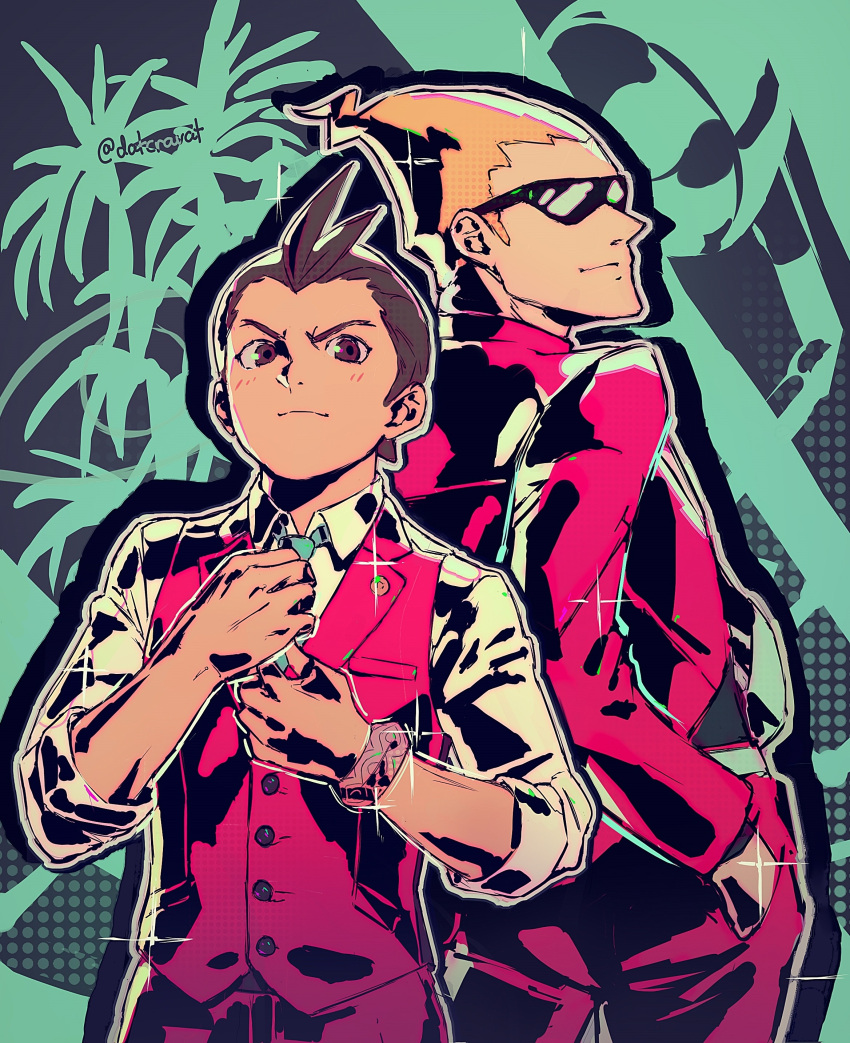 2boys absurdres ace_attorney apollo_justice apollo_justice:_ace_attorney blonde_hair brown_eyes brown_hair capcom collared_shirt company_connection datcravat ghost_trick green_necktie hair_slicked_back hands_in_pockets highres jacket multiple_boys necktie pants red_jacket red_pants red_vest second-party_source shirt sissel_(ghost_trick) sunglasses twitter_username vest white_shirt