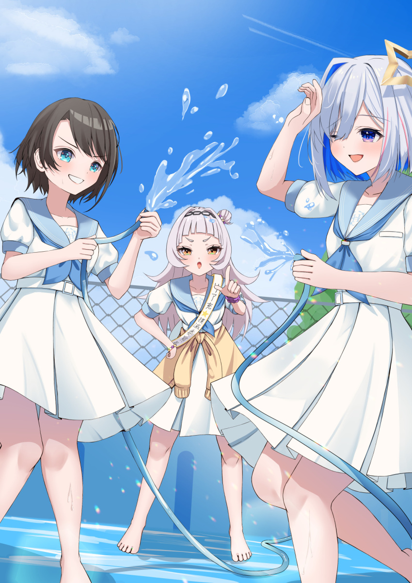 3girls amane_kanata belt blue_eyes blue_hair blue_sailor_collar blue_sky brown_hair closed_mouth cloud grey_hair hair_intakes halo highres holding holding_hose holohoneygaoka_high_school_uniform hololive honeyworks hose long_hair medium_hair mitsu_3_33 multiple_girls murasaki_shion oozora_subaru open_mouth purple_eyes sailor_collar school_uniform serafuku shirt short_hair skirt sky smile star_halo virtual_youtuber white_belt white_serafuku white_shirt white_skirt yellow_eyes