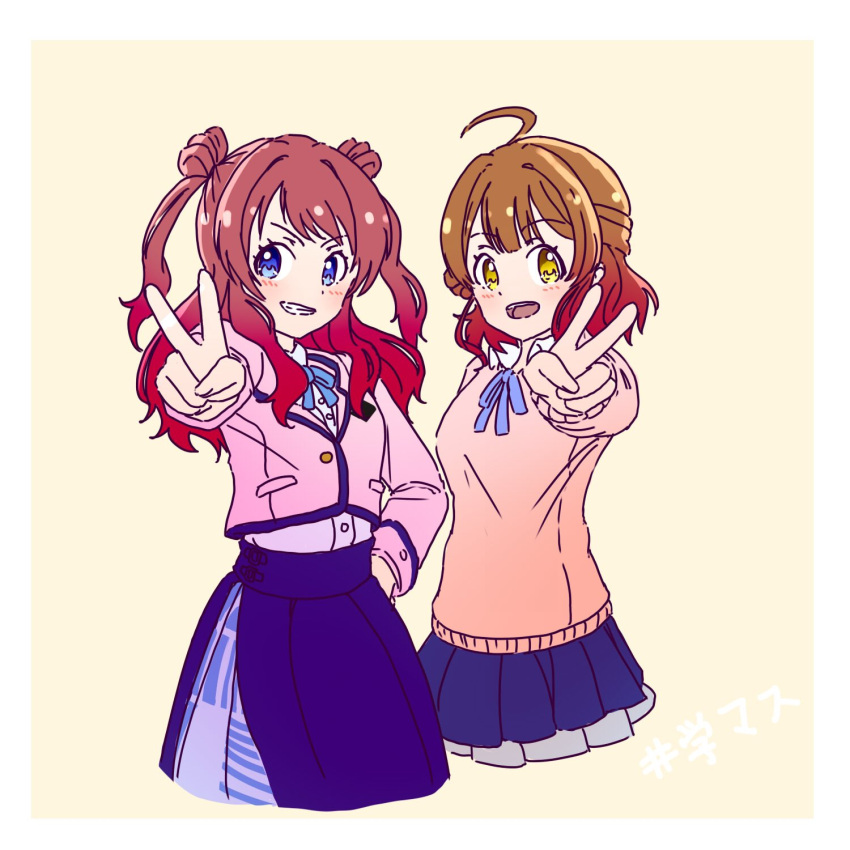2girls ahoge blazer blue_eyes blue_ribbon blue_skirt blush brown_hair character_request commentary_request gakuen_idolmaster grin hanami_saki hand_on_own_hip highres idolmaster jacket kelvin1996c long_hair long_sleeves looking_at_viewer medium_hair multiple_girls open_mouth pink_jacket pink_sweater red_hair ribbon sidelocks skirt smile sweater twintails v v-shaped_eyebrows yellow_background yellow_eyes
