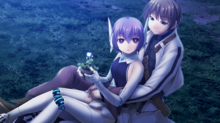 1boy 1girl alto_travers astel(wizards_symphony) atelier-moo bare_shoulders belt breasts brown_hair closed_mouth expressionless flat_chest flower flower_pot full_body golem hair_between_eyes holding holding_flower hug hug_from_behind long_sleeves mechanical_arms night open_mouth purple_hair red_eyes robot_ears short_hair sideboob smile wizards_symphony