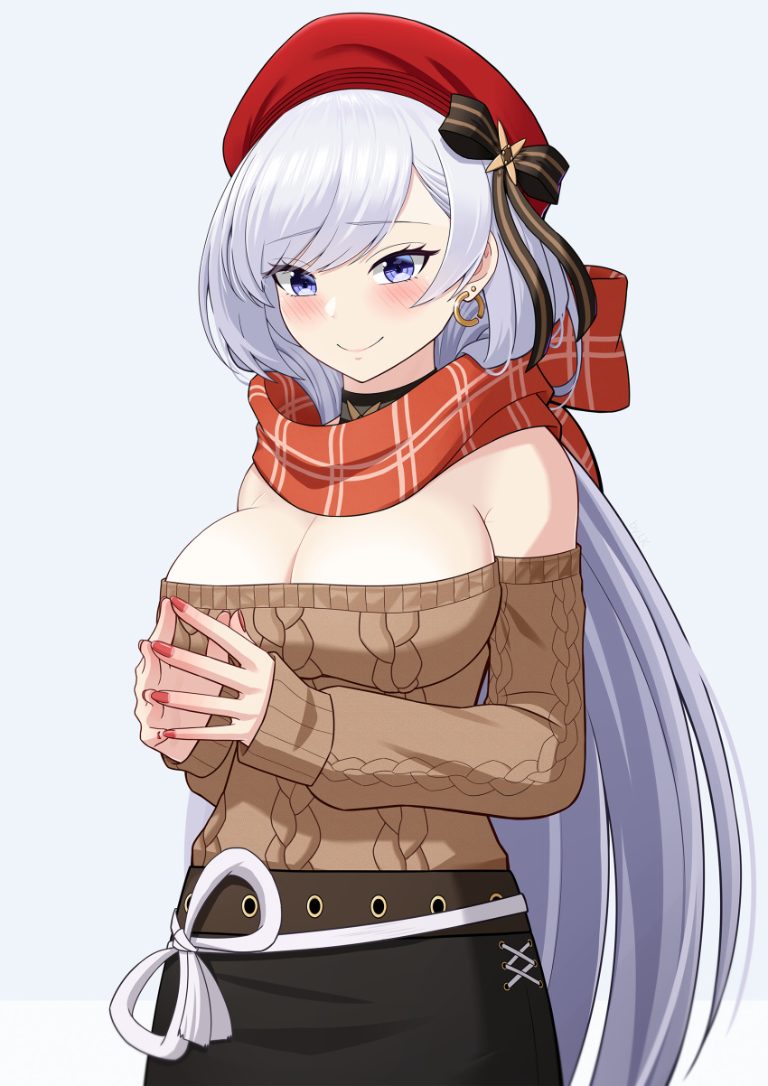 1girl absurdres aran_sweater azur_lane bare_shoulders belfast_(azur_lane) belfast_(shopping_with_the_head_maid)_(azur_lane) beret black_bow black_skirt blue_eyes bow breasts brown_sweater cable_knit cleavage commentary_request earrings grey_background hair_bow hat highres hoop_earrings jewelry large_breasts lemon_kele long_hair long_sleeves nail_polish off-shoulder_sweater off_shoulder red_headwear red_nails red_scarf scarf skirt solo steepled_fingers sweater upper_body very_long_hair white_hair