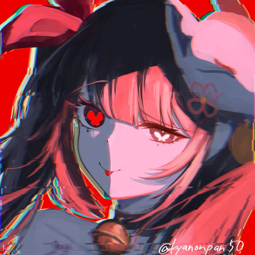 1girl :p bare_shoulders bell black_choker bow brown_hair choker close-up closed_mouth fox_mask glitch hair_bow half-closed_eye highres honkai:_star_rail honkai_(series) kyanonpan50 long_hair looking_at_viewer mask mask_on_head neck_bell pink_eyes portrait red_background red_bow sidelocks simple_background smile solo sparkle_(honkai:_star_rail) tongue tongue_out twintails twitter_username