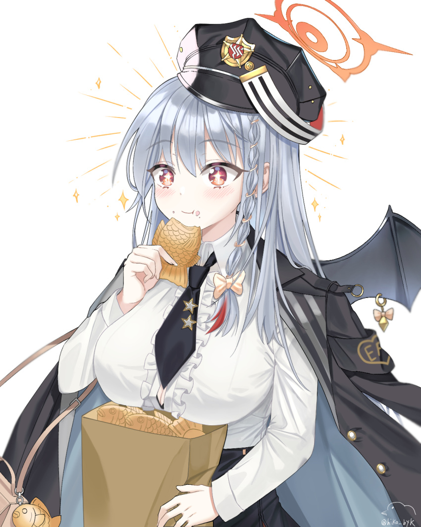 +_+ 1girl :t bag bat_wings black_headwear black_jacket black_necktie black_skirt blue_archive blush bow braid breasts brown_bow button_gap center_frills cleavage dress eating food food_on_face frills grey_hair hair_bow hand_up handbag haruna_(blue_archive) hat highres holding holding_bag holding_food jacket jacket_on_shoulders large_breasts long_hair long_sleeves necktie open_clothes open_jacket paper_bag peaked_cap red_eyes red_hair shirt shirt_tucked_in single_braid single_wing skirt sparkling_aura taiyaki twitter_username wagashi white_background white_shirt wing_piercing wings zzinbbang