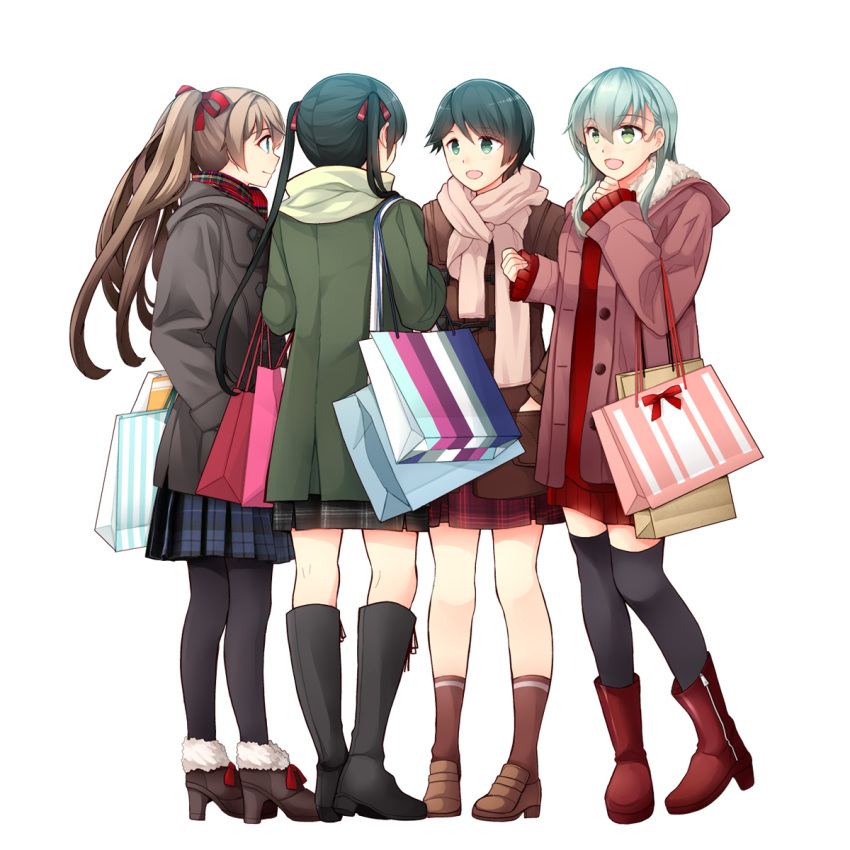 4girls :d alternate_costume aqua_hair bag black_footwear black_skirt blue_eyes boots brown_coat brown_footwear brown_hair casual coat duffel_coat from_behind full_body fur-trimmed_boots fur_trim green_coat green_eyes green_hair grey_coat hair_between_eyes hair_ornament hair_ribbon hand_in_pocket high_heel_boots high_heels highres kantai_collection knee_boots kneehighs kumano_(kancolle) loafers long_hair looking_at_another mikuma_(kancolle) mogami_(kancolle) multiple_girls pantyhose pink_coat pink_scarf plaid plaid_scarf plaid_skirt ponytail red_footwear red_ribbon red_scarf red_skirt red_sweater ribbon scarf shoes shopping_bag short_hair simple_background skirt sleeves_past_wrists smile snowflake_hair_ornament socks star_(symbol) suzuya_(kancolle) sweater swept_bangs teramoto_kaoru thighhighs twintails white_background white_scarf