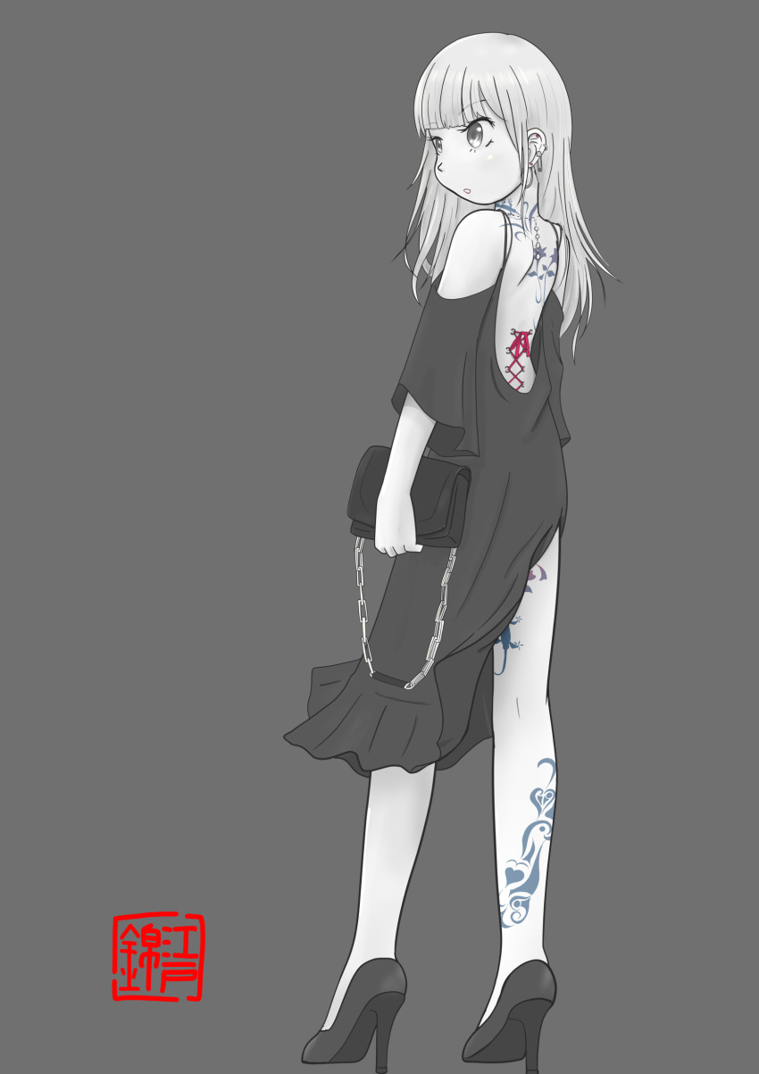 1girl absurdres artist_logo asymmetrical_clothes asymmetrical_dress back_cutout back_tattoo bag bare_shoulders clothing_cutout commentary detached_sleeves ear_piercing edo_nishiki fashion flower_tattoo from_behind greyscale high_heels highres holding holding_bag leg_tattoo lizard_tattoo long_hair looking_to_the_side monochrome open_mouth original piercing side_slit simple_background solo spaghetti_strap spot_color tattoo