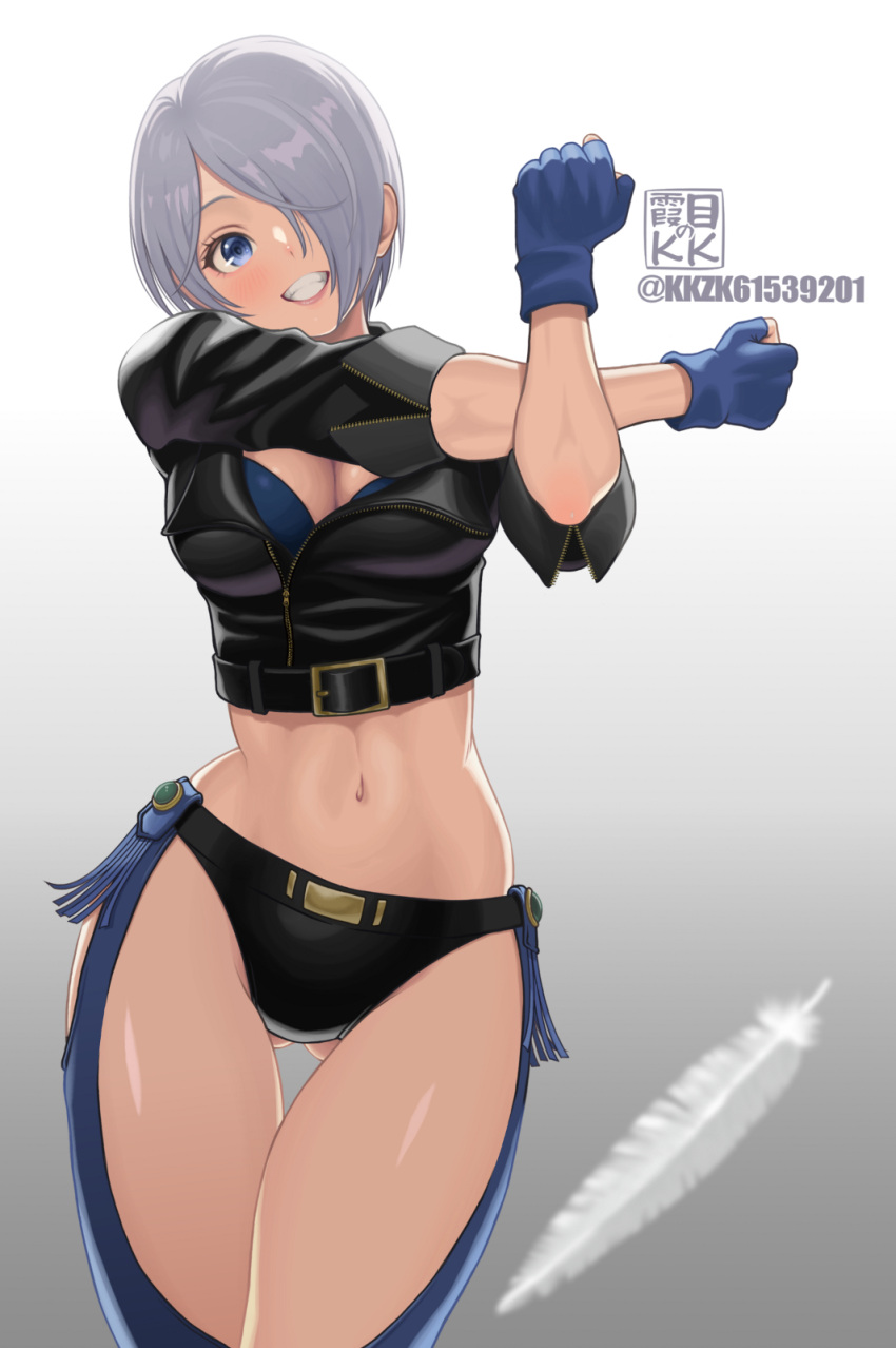 1girl angel_(kof) black_jacket black_panties blue_eyes blue_gloves blush breasts chaps cleavage crop_top cropped_jacket feathers fingerless_gloves gloves hair_over_one_eye highres jacket kkzk61539201 large_breasts looking_at_viewer midriff navel open_mouth panties short_hair simple_background smile solo the_king_of_fighters the_king_of_fighters_xv underwear white_hair