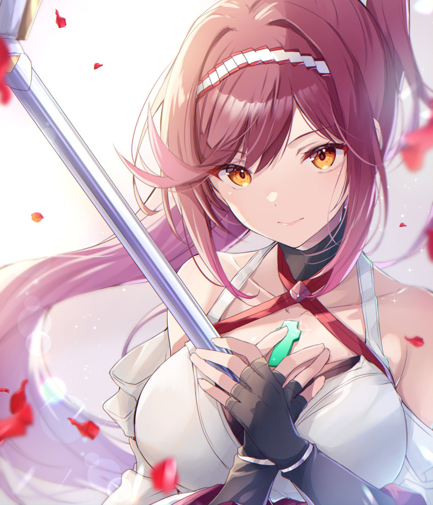 1girl bare_shoulders breasts chest_jewel core_crystal_(xenoblade) criss-cross_halter detached_sleeves fingerless_gloves glimmer_(xenoblade) gloves hairband halterneck hands_on_own_chest high_ponytail highres japanese_clothes kimono large_breasts long_hair looking_at_viewer obi ponytail red_hair sash smile solo swept_bangs two-tone_hairband ui_frara upper_body white_kimono xenoblade_chronicles_(series) xenoblade_chronicles_3 xenoblade_chronicles_3:_future_redeemed yellow_eyes