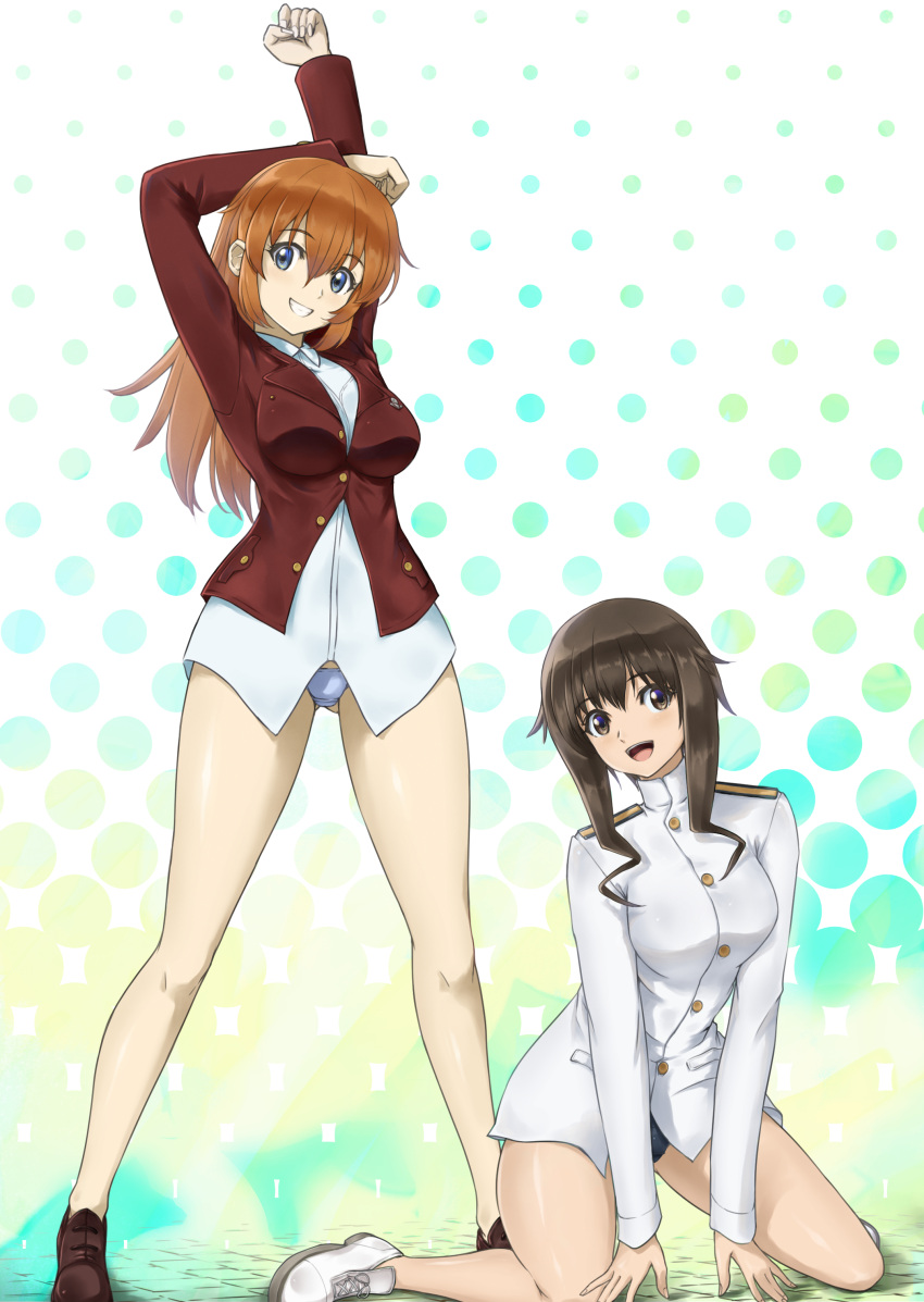 2girls absurdres blue_eyes blush breasts brown_eyes brown_hair charlotte_e._yeager grin highres large_breasts long_hair looking_at_viewer memory_(prophet5) military_uniform multiple_girls no_pants open_mouth orange_hair panties polka_dot polka_dot_background simple_background smile strike_witches takei_junko underwear uniform white_panties world_witches_series