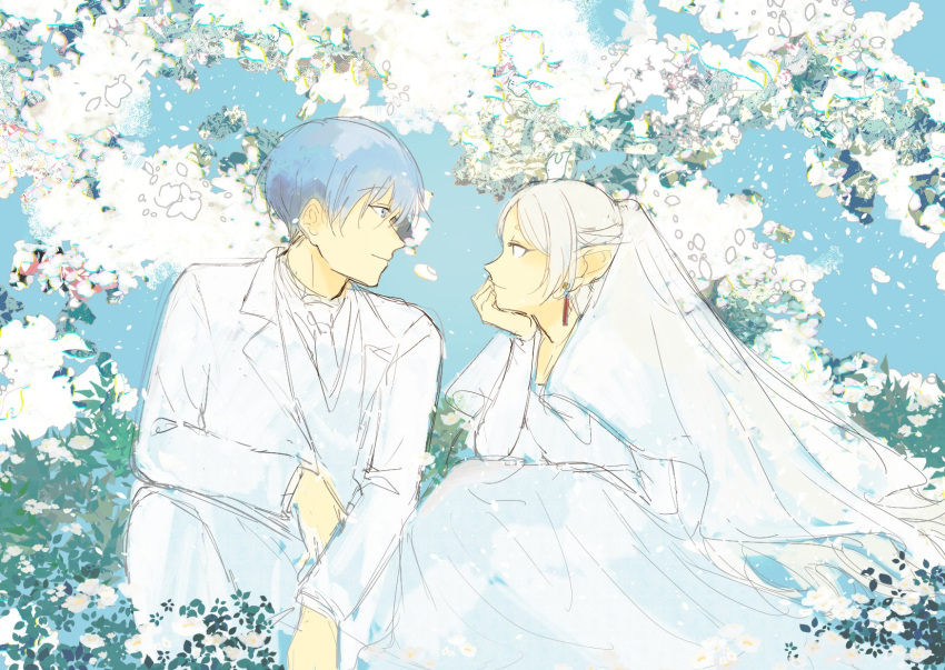 1boy 1girl blue_eyes blue_hair blue_sky chamwa closed_mouth commentary day dress earrings elf english_commentary eye_contact flower frieren hand_on_own_chin hetero highres himmel_(sousou_no_frieren) husband_and_wife jacket jewelry kneeling long_sleeves looking_at_another necktie outdoors pants pointy_ears shirt short_hair sky smile sousou_no_frieren suit veil wedding_dress white_flower white_hair white_jacket white_necktie white_pants white_shirt white_suit