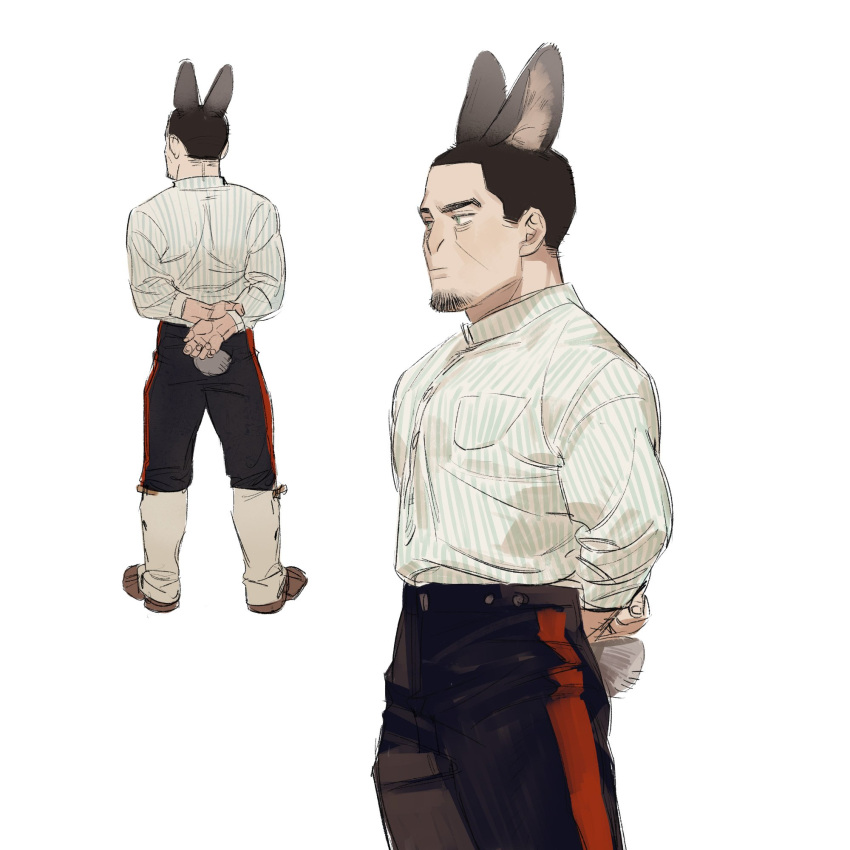 1boy animal_ears arms_behind_back black_pants breast_pocket brown_footwear brown_hair chengongzi123 closed_mouth collared_shirt cowboy_shot facial_hair facing_away full_body goatee_stubble golden_kamuy green_eyes highres kemonomimi_mode long_sleeves looking_to_the_side male_focus multiple_views pants pocket rabbit_boy rabbit_ears rabbit_tail shirt short_hair simple_background standing striped_clothes striped_shirt stubble tail tsukishima_hajime very_short_hair white_background