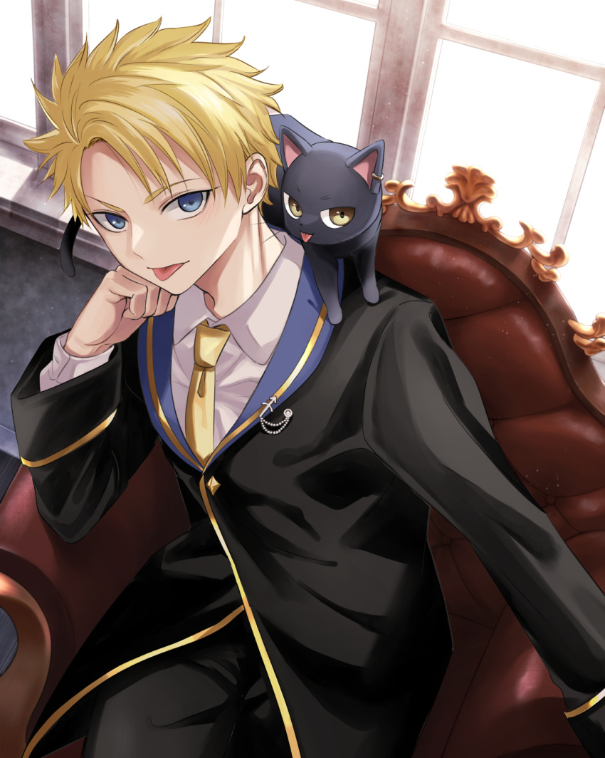 1boy animal animal_on_shoulder armchair black_cat black_jacket black_pants blonde_hair blue_eyes brown_eyes cat chair character_request collared_shirt commentary_request ear_piercing forehead highres jacket kuroneko_to_majo_no_kyoushitsu long_sleeves male_focus natsupa necktie on_chair pants parted_bangs piercing shirt white_shirt window yellow_necktie