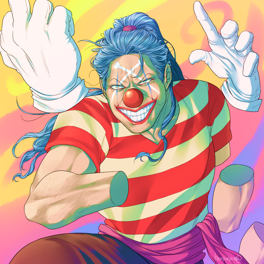 1boy absurdres blue_hair buggy_the_clown clenched_teeth clown_nose commentary english_commentary facepaint facial_hair gloves hexporpora high_ponytail highres long_hair makeup male_focus one_piece pirate ponytail red_nose shirt short_sleeves signature smile solo striped_clothes striped_shirt teeth white_gloves