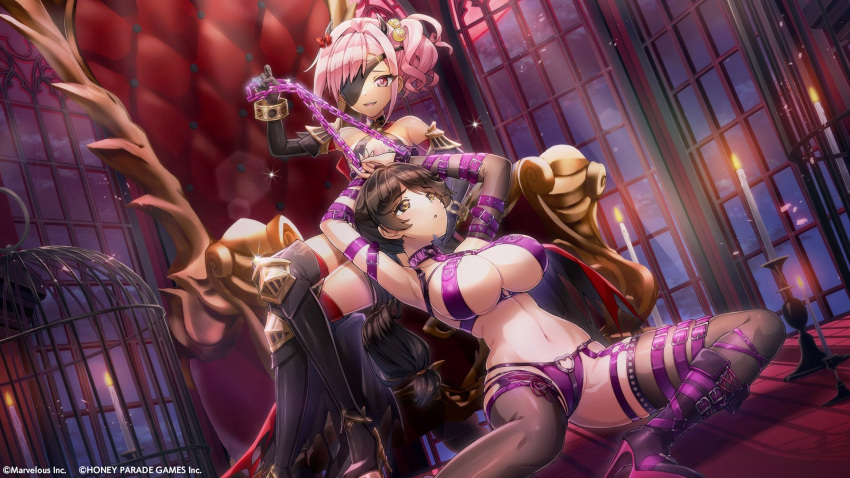 2girls arm_belt arms_up belt belt_bra birdcage breasts brown_eyes brown_hair cage candle chain choker demon_horns dolphin_wave elbow_gloves eyepatch fang gloves hair_ribbon high_heels highres holding holding_chain horns knee_pads large_breasts leg_belt multiple_belts multiple_girls navel night night_sky official_art on_chair ootomo_takuji panties pink_eyes pink_hair ponytail revealing_clothes ribbon side_ponytail sky swept_bangs thighhighs underwear urami_kana wavy_hair wrist_cuffs yabame_yume