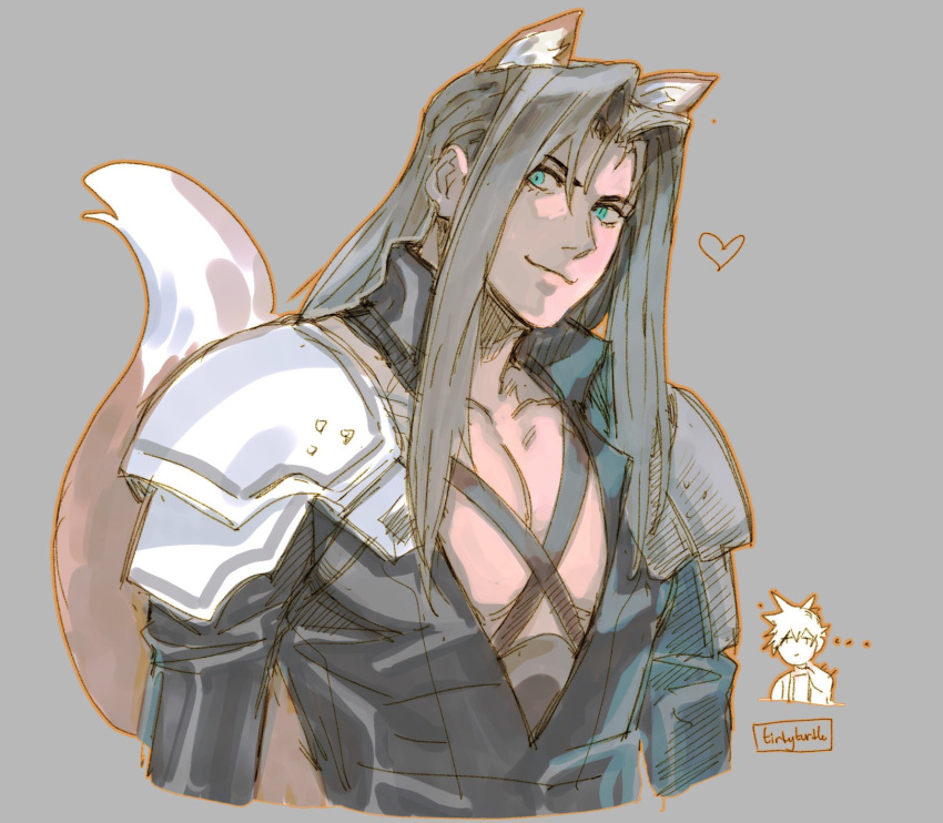 ... 2boys animal_ears armor black_coat blue_eyes chest_strap cloud_strife coat commentary cropped_torso english_commentary final_fantasy final_fantasy_vii final_fantasy_vii_remake fox_boy fox_ears fox_tail grey_background grey_hair heart high_collar highres jitome kemonomimi_mode long_bangs long_hair long_sleeves looking_to_the_side male_focus multiple_boys muscular muscular_male open_clothes open_coat orange_outline parted_bangs partially_colored pauldrons pectoral_cleavage pectorals sephiroth shoulder_armor single_pauldron slit_pupils smile spoken_heart tail tirtyturtle twitter_username upper_body