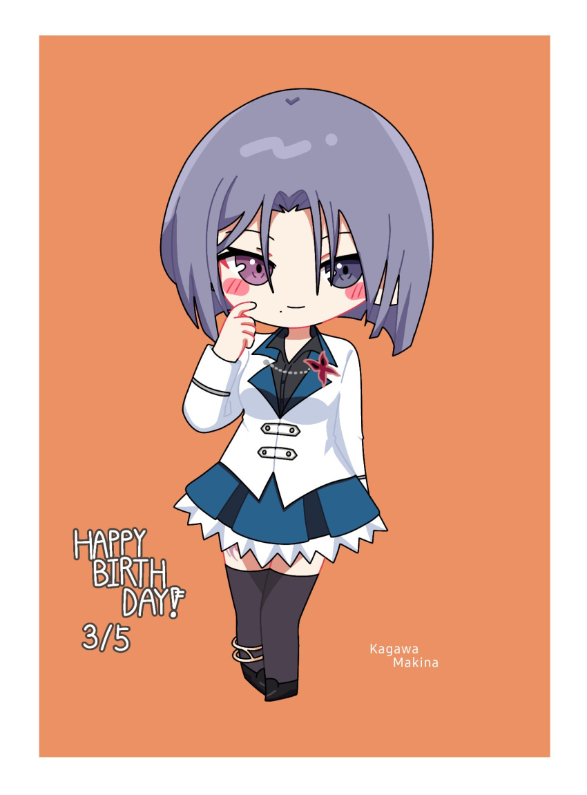 1girl anklet arm_at_side assault_lily black_footwear black_thighhighs blue_eyes blue_skirt blush bob_cut border character_name chibi commentary finger_to_cheek full_body grey_hair hair_between_eyes hand_up happy_birthday herensuge_girls_academy_school_uniform heterochromia highres jacket jewelry kagawa_makina light_smile long_sleeves looking_at_viewer miniskirt mole mole_under_eye orange_background parted_bangs pink_eyes school_uniform shoes short_hair simple_background skirt solo standing thighhighs white_border white_jacket yui_(yui1115_) zettai_ryouiki