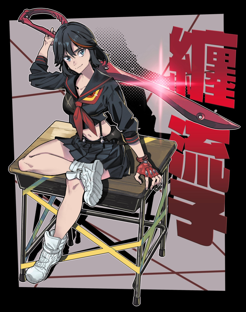 1girl absurdres black_hair black_sailor_collar black_skirt blue_eyes breasts closed_mouth collarbone commentary_request desk fingerless_gloves full_body gloves highres holding holding_sword holding_weapon kill_la_kill looking_at_viewer matoi_ryuuko medium_breasts multicolored_hair navel red_gloves red_hair sailor_collar school_desk school_uniform scissor_blade_(kill_la_kill) senketsu serafuku shoes short_hair sitting skirt smile sneakers solo streaked_hair suspenders sword taisowbukurow translation_request two-tone_hair weapon white_footwear