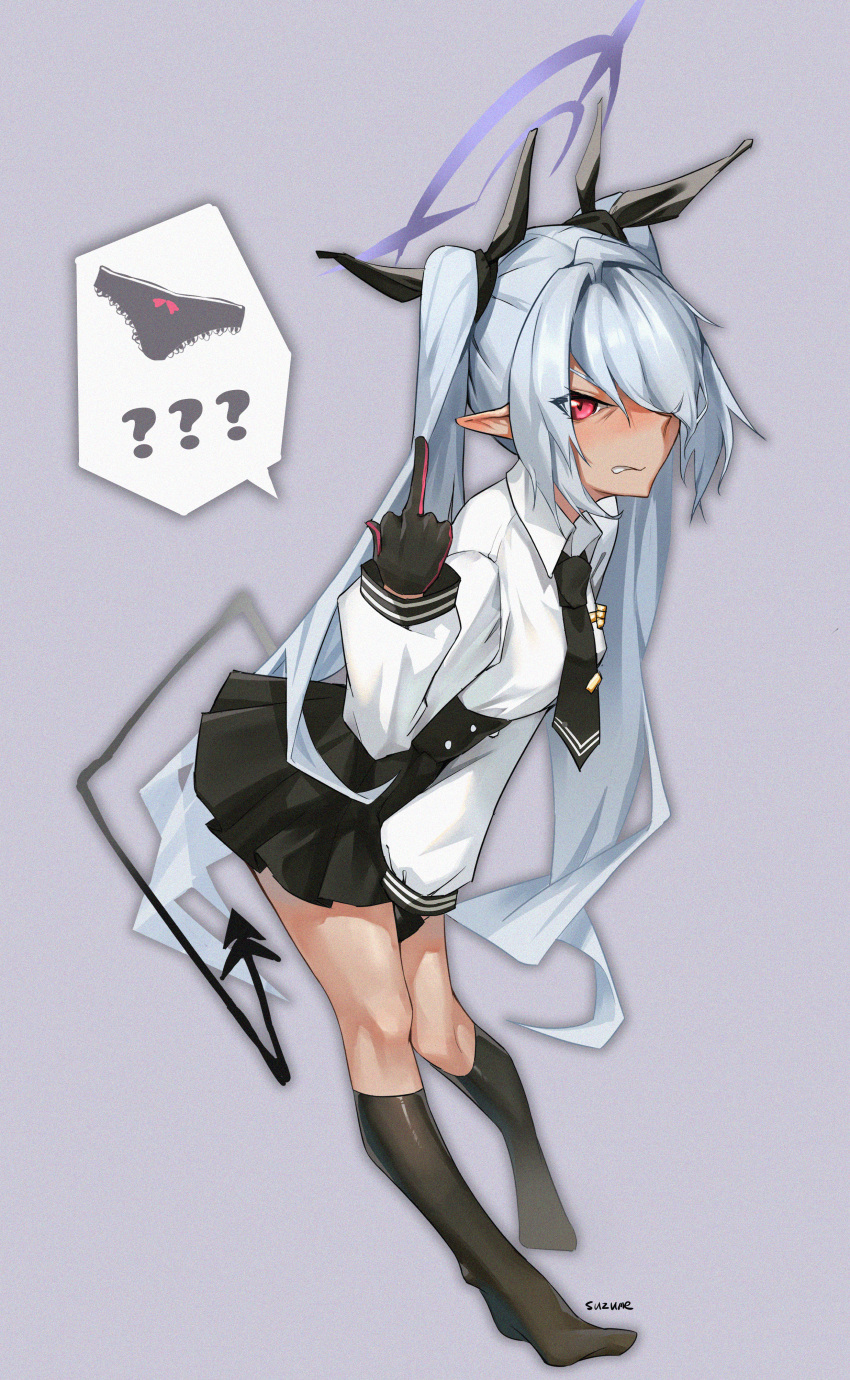 1girl ? ?? absurdres angry artist_name black_gloves black_necktie black_ribbon black_skirt black_socks black_tail blue_archive blue_halo clenched_teeth collared_shirt covering_crotch covering_privates dark-skinned_female dark_skin demon_tail full_body gloves grey_background grey_hair hair_over_one_eye hair_ribbon halo highres iori_(blue_archive) kneehighs long_hair looking_at_viewer middle_finger necktie no_panties pointy_ears red_eyes ribbon school_uniform shirt skirt socks solo speech_bubble spoken_clothes spoken_question_mark suzume_jiu tail teeth tie_clip twintails very_long_hair white_shirt