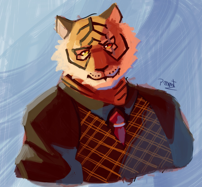 anthro bow_tie clothed clothing epic_games felid feline felis fortnite fur hi_res looking_at_viewer male mammal multicolored_body multicolored_fur orange_body orange_fur oscar_(fortnite) pantherine pinumontbalou solo striped_body striped_fur stripes tiger yellow_eyes