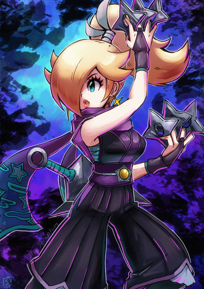 absurdres alternate_costume blonde_hair blue_eyes breasts earrings fingerless_gloves gloves hair_over_one_eye highres holding holding_shuriken holding_weapon jewelry kunai long_hair looking_to_the_side mario_(series) ninja nintendo ponytail princess_peach:_showtime! rosalina scarf shuriken star_(symbol) stoic_seraphim super_mario_galaxy weapon