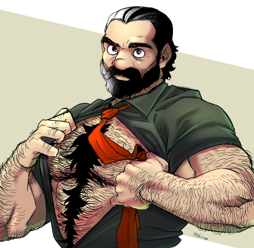 1boy alternate_costume alternate_hair_length alternate_hairstyle bara bare_pectorals beard beard_stubble big_nose dungeon_meshi dwarf facial_hair full_beard hair_slicked_back hairy hand_hair highres knuckle_hair large_pectorals long_beard male_focus mature_male midoo_(scarecrow-forest) muscular muscular_male necktie necktie_grab neckwear_grab opened_by_self pectorals red_necktie senshi_(dungeon_meshi) solo stubble superman_exposure thick_arm_hair thick_beard thick_chest_hair thick_eyebrows thick_mustache thick_navel_hair upper_body very_hairy wrinkled_skin