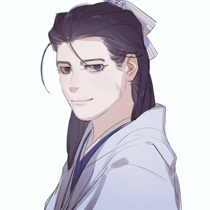 1girl black_hair blue_jacket blue_kimono blue_ribbon chengongzi123 closed_mouth genderswap golden_kamuy hair_ribbon haori highres jacket japanese_clothes kimono long_sleeves looking_at_viewer no_pupils ogata_hyakunosuke portrait purple_eyes ribbon scar scar_on_cheek scar_on_face simple_background smile white_background