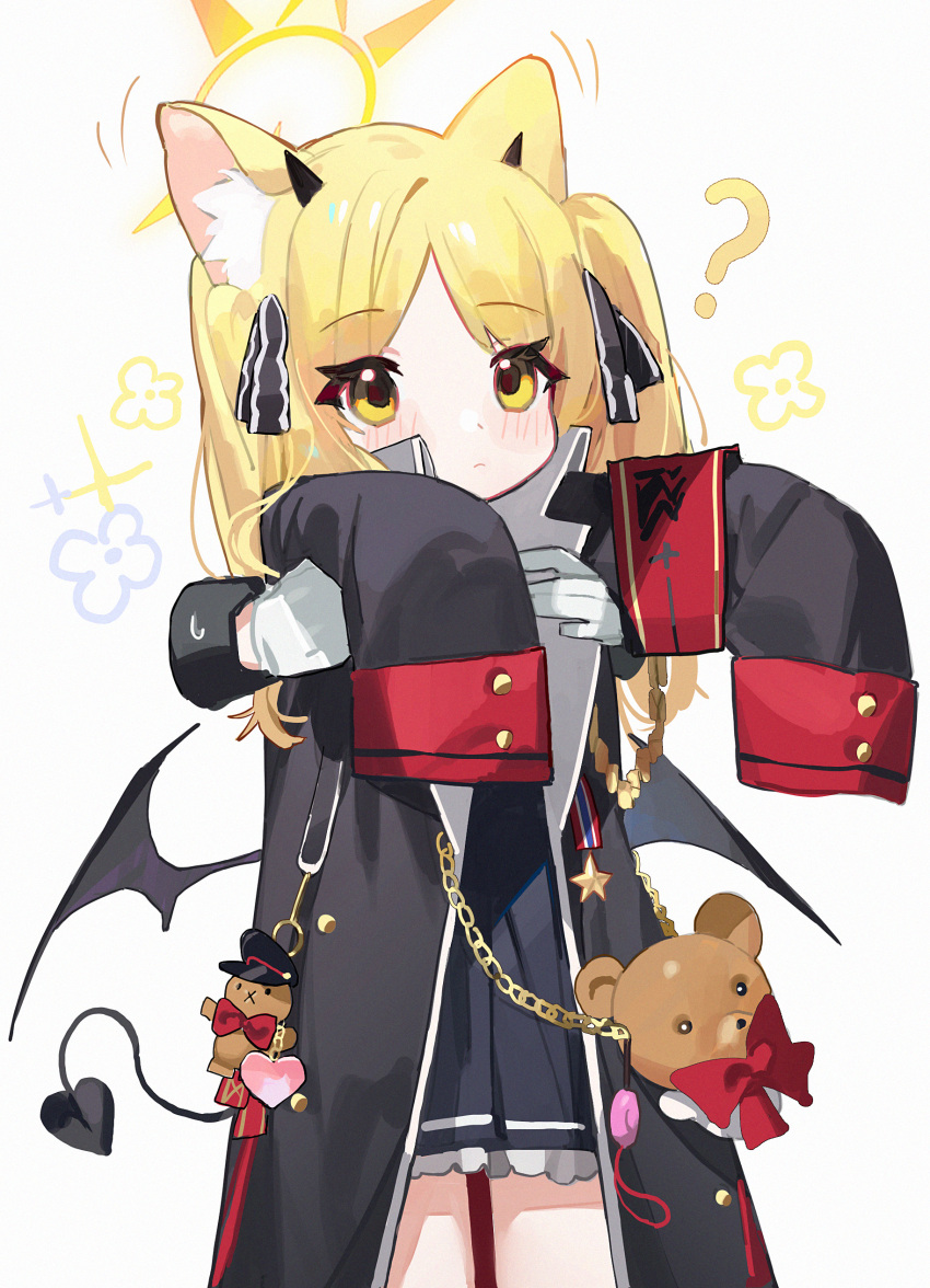 1girl 1other ? absurdres animal_bag animal_ears armband black_coat blonde_hair blue_archive blush cat_ears charm_(object) coat commentary demon_horns demon_tail demon_wings disembodied_limb halo highres horns ibuki_(blue_archive) kemonomimi_mode lifting_person longcat_(meme) looking_ahead measho meme one_side_up parted_bangs red_armband school_uniform sleeves_past_fingers sleeves_past_wrists stuffed_animal stuffed_toy tail teddy_bear wings
