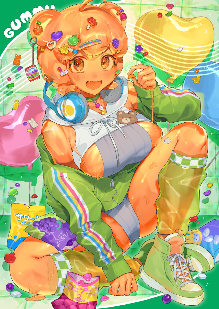 1girl absurdres ahoge artist_name balloon breasts candy choker colored_skin commentary food food-themed_hair_ornament green_choker green_jacket gummy_bear hair_ornament headphones headphones_around_neck highres holding holding_food jacket looking_at_viewer medium_hair monster_girl orange_eyes orange_hair orange_skin original rainbow_hair_ornament sakoku_(oyatsu3ji_) see-through shoes sideboob sitting slime_girl snack sneakers symbol-only_commentary