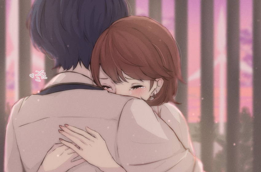 1boy 1girl blue_eyes blurry blurry_background blush brown_hair chako_(p4amg1208) closed_eyes cloud cloudy_sky collared_shirt couple crying earrings from_behind glint hands_on_another's_back heart highres hug jewelry outdoors persona persona_3 persona_3_reload pink_nails pink_sky rooftop shirt short_hair short_sleeves sky stud_earrings swept_bangs takeba_yukari tears upper_body white_shirt wind_turbine yuuki_makoto_(persona_3)