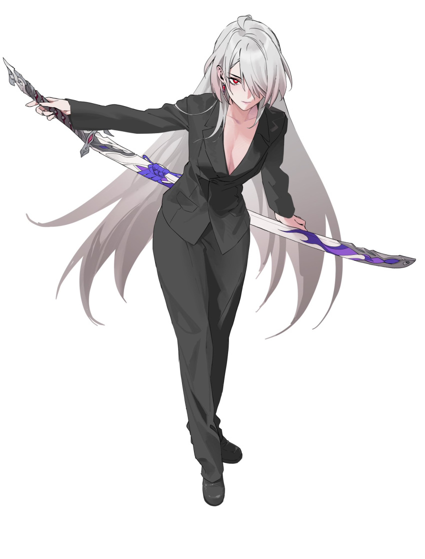 1girl acheron_(honkai:_star_rail) alternate_costume black_suit breasts business_suit cleavage commentary english_commentary formal full_body hair_over_one_eye highres holding holding_sword holding_weapon honkai:_star_rail honkai_(series) katana long_hair looking_at_viewer medium_breasts official_alternate_eye_color official_alternate_hair_color official_alternate_hair_length official_alternate_hairstyle pepepp39 red_eyes serious sheath sheathed solo suit sword very_long_hair weapon white_hair