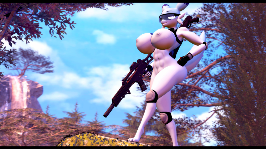 16:9 2024 3d_(artwork) 4k 5_fingers abs absurd_res anthro anthrofied areola big_breasts black_border blue_body blue_eyes blue_sky border breasts chillet clothing curvy_figure detailed_background digital_media_(artwork) eyewear female fingerless_gloves fingers forest gloves gun handwear hi_res hindpaw hourglass_figure huge_breasts knee_pads long_tail looking_at_viewer muscular muscular_anthro muscular_female nipples nude outside pal_(species) palworld paws plant pocketpair ranged_weapon revamped_anthros sky small_waist smile solo source_filmmaker sunglasses tail themanwithaquest thick_thighs tree voluptuous weapon white_body wide_hips widescreen