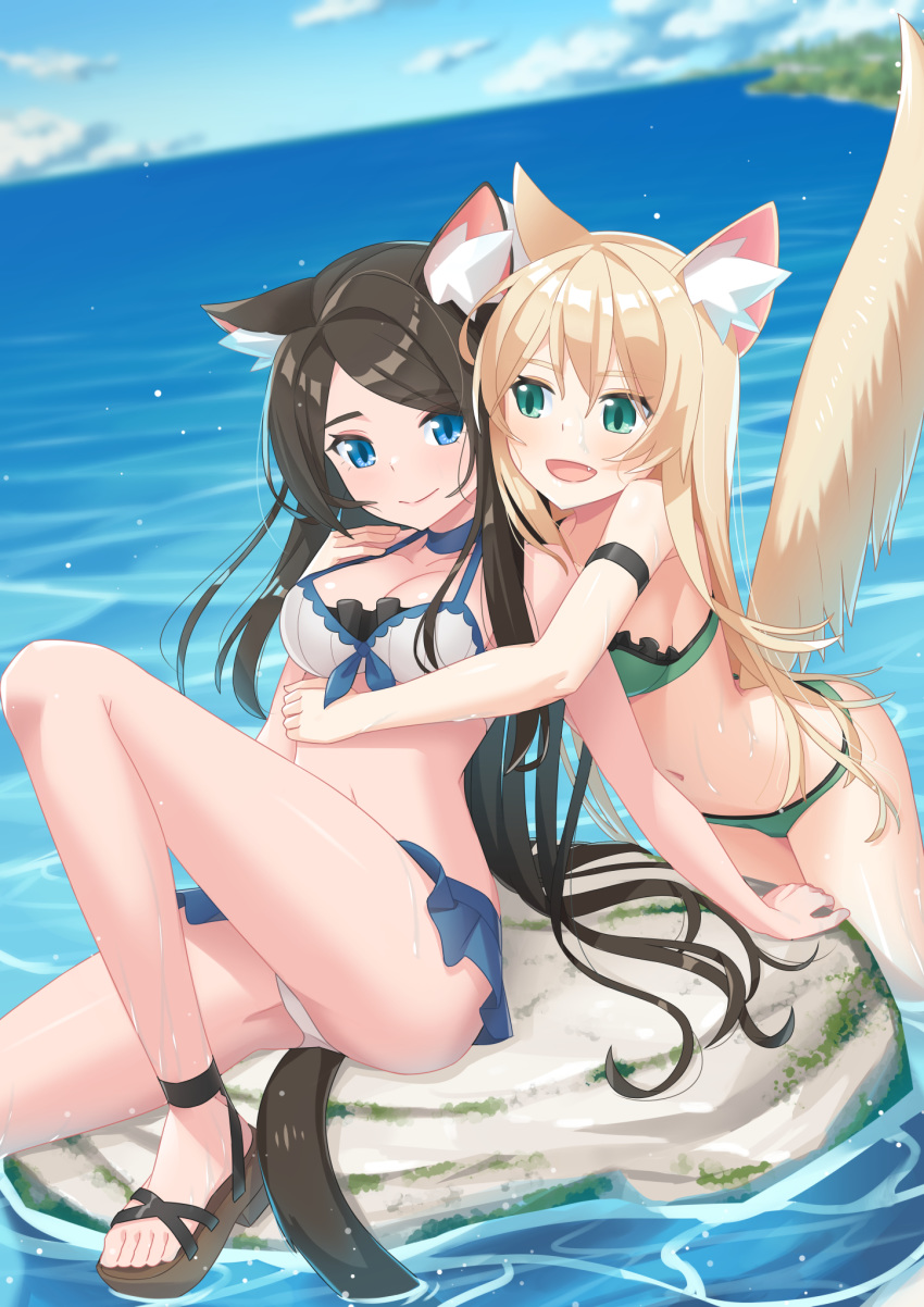 1girl 2girls animal_ear_fluff animal_ears bangs black_hair blonde_hair blue_eyes blush cat_ears cat_tail choker day fang green_eyes highres hug multiple_girls navel nekoze_(s22834712) open_mouth original outdoors smile swept_bangs tail tu_ya_(nekoze) water