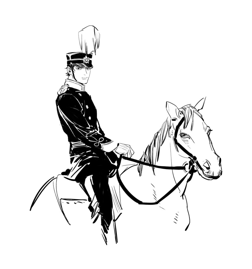 1boy chengongzi123 closed_mouth golden_kamuy greyscale hat_feather highres holding holding_reins horse horseback_riding jacket koito_otonoshin long_sleeves looking_at_viewer male_focus military_uniform monochrome pants reins riding short_hair simple_background sitting smile uniform very_short_hair white_background