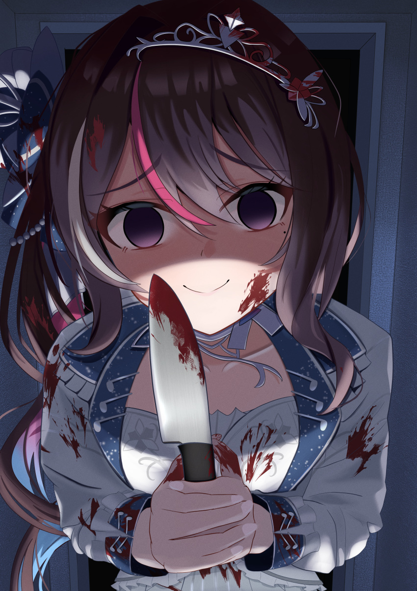 1girl absurdres azki_(hololive) blood blood_on_clothes blood_on_face blue_hair brown_hair colored_inner_hair dress false_smile highres holding holding_knife hololive indoors kitchen_knife knife kurenaiaoi0 long_sleeves looking_at_viewer multicolored_hair pink_hair purple_eyes shaded_face sidelocks smile solo standing streaked_hair tiara virtual_youtuber white_dress white_hair yandere