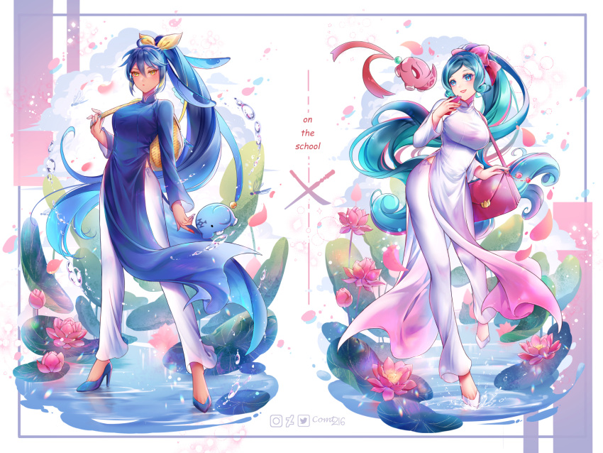 2girls aqua_eyes aqua_hair bag blue_hair comt216 falling_petals fate/grand_order fate_(series) flower high_heels highres long_hair lotus lotus_leaf multiple_girls pants petals pokemon school_bag trung_nhi_(fate) trung_trac_(fate) vietnamese_clothes vietnamese_dress wading walking walking_on_liquid water white_pants