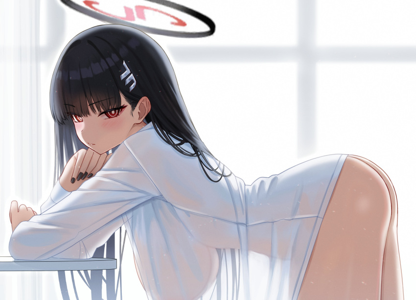 1girl absurdres ass black_hair blue_archive blush bottomless breasts commentary fingernails from_side halo highres indoors large_breasts leaning_forward leaning_on_object looking_at_viewer looking_to_the_side mijikayo nail_polish red_eyes rio_(blue_archive) sagging_breasts see-through_silhouette shirt solo symbol-only_commentary white_shirt