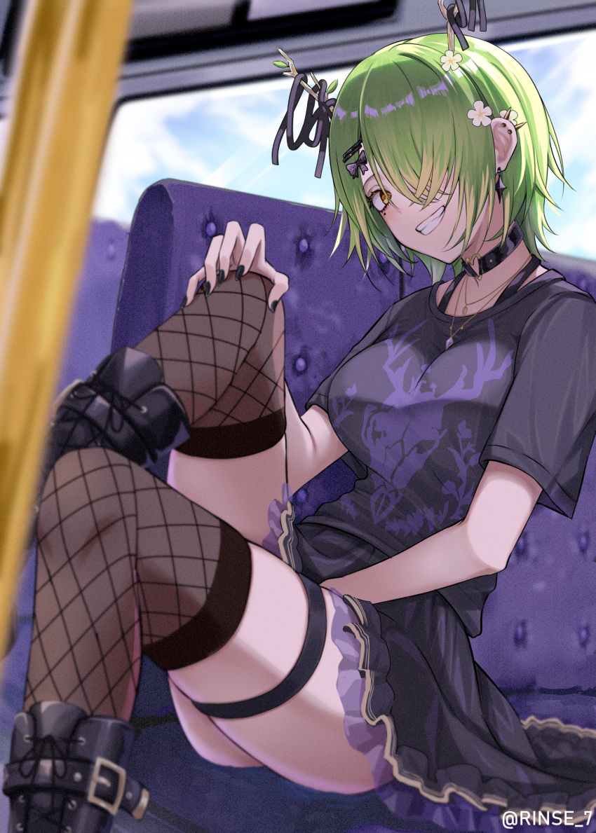 1girl antlers black_nails black_shirt black_skirt boots bus_interior casual ceres_fauna ceres_fauna_(4th_costume) choker earrings fishnet_thighhighs fishnets goth_fashion grin hair_ornament hair_over_one_eye hairclip highres hololive hololive_english horns jewelry looking_at_viewer mole mole_under_eye multiple_earrings nail_polish necklace official_alternate_costume official_alternate_hairstyle rinse_7 shirt short_hair sitting skirt smile solo t-shirt thigh_strap thighhighs virtual_youtuber yellow_eyes zettai_ryouiki