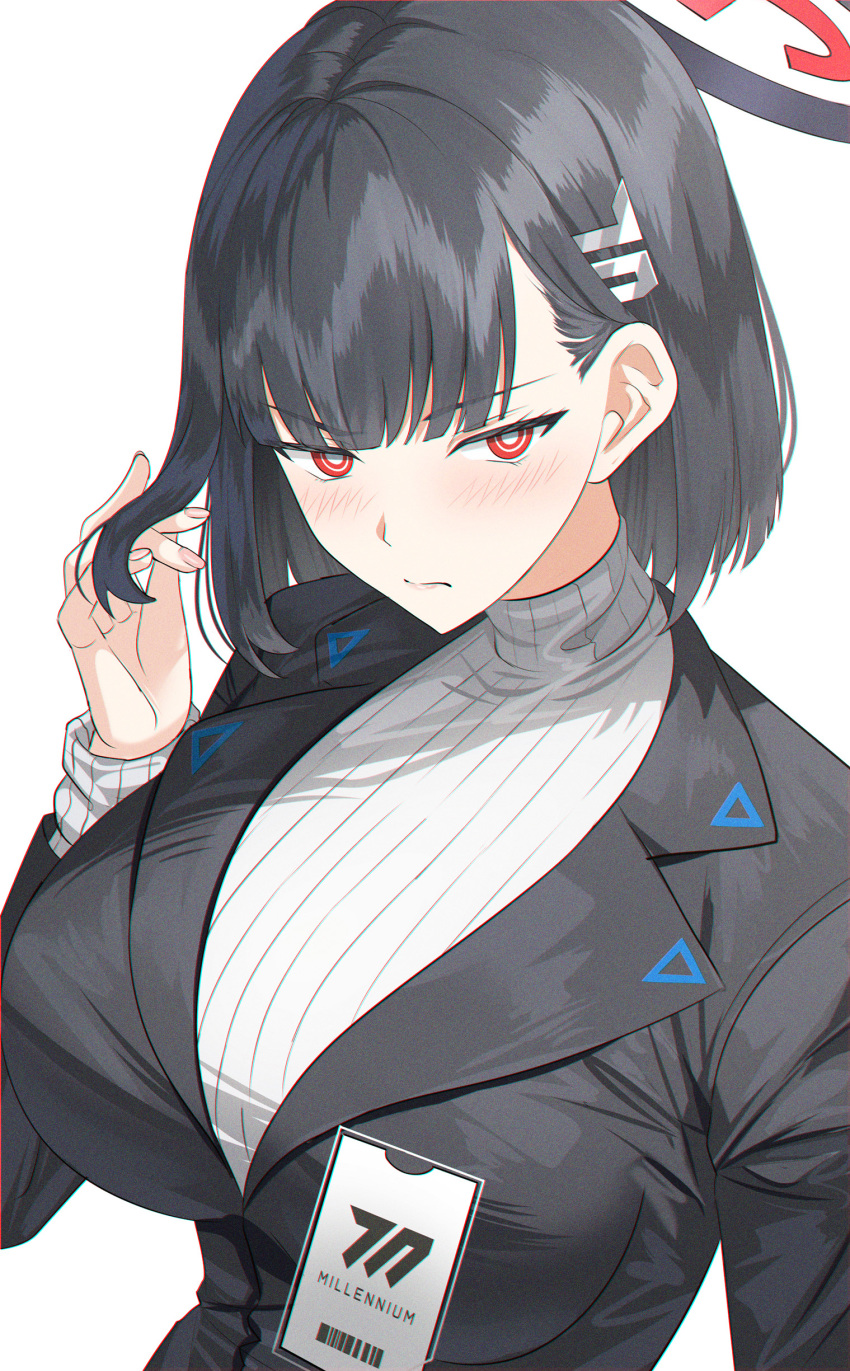 1girl absurdres arm_at_side black_hair black_jacket blue_archive blush breasts closed_mouth hair_behind_ear halo hand_in_own_hair highres huge_breasts id_card jacket long_bangs long_hair looking_at_viewer open_clothes open_jacket red_eyes ribbed_sweater rio_(blue_archive) simple_background solo straight_hair suit_jacket sweater sysen turtleneck turtleneck_sweater upper_body white_background white_sweater
