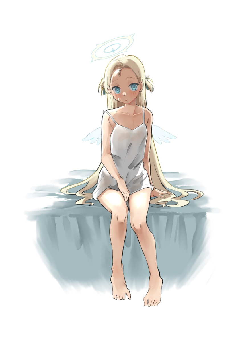 1girl angel_wings bare_shoulders barefoot blonde_hair blue_archive blue_eyes blush full_body halo highres long_hair looking_at_viewer nightgown parted_lips sitting solo sora_(blue_archive) sweatdrop very_long_hair white_nightgown wings yuki_wosora