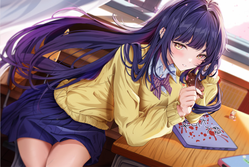 1girl about_fg absurdres blue_hair blue_skirt blush boku_no_kokoro_no_yabai_yatsu book bow bowtie brown_eyes cardigan commentary dark_blue_hair desk diagonal-striped_bow diagonal-striped_bowtie diagonal-striped_clothes eating elbow_gloves food gloves hair_intakes highres holding holding_food holding_ice_cream ice_cream indoors long_hair looking_at_viewer miniskirt parted_lips pleated_skirt school_desk school_uniform sitting skirt solo striped_clothes window yamada_anna yellow_cardigan