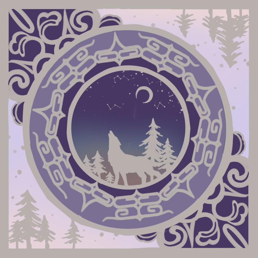 animal border chengongzi123 constellation crescent_moon golden_kamuy gradient_background grey_border highres howling moon night night_sky no_humans ornate purple_background purple_theme sky star_(sky) starry_sky tree wolf