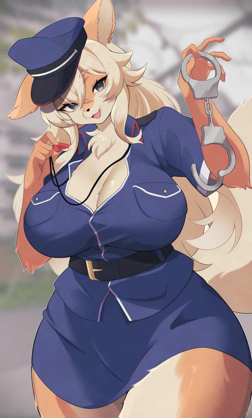 1girl absurdres animal_ears belt blonde_hair blue_headwear blue_skirt blurry blurry_background body_fur breasts cleavage crossed_bangs cuffs fox_ears fox_tail furry furry_female grey_eyes handcuffs hat highres holding holding_handcuffs huge_breasts long_hair looking_at_viewer manmarumao open_mouth orange_fur original pencil_skirt police police_hat police_uniform short_sleeves sidelocks skirt skirt_set solo tail thighs tsurime uniform whistle whistle_around_neck wide_hips