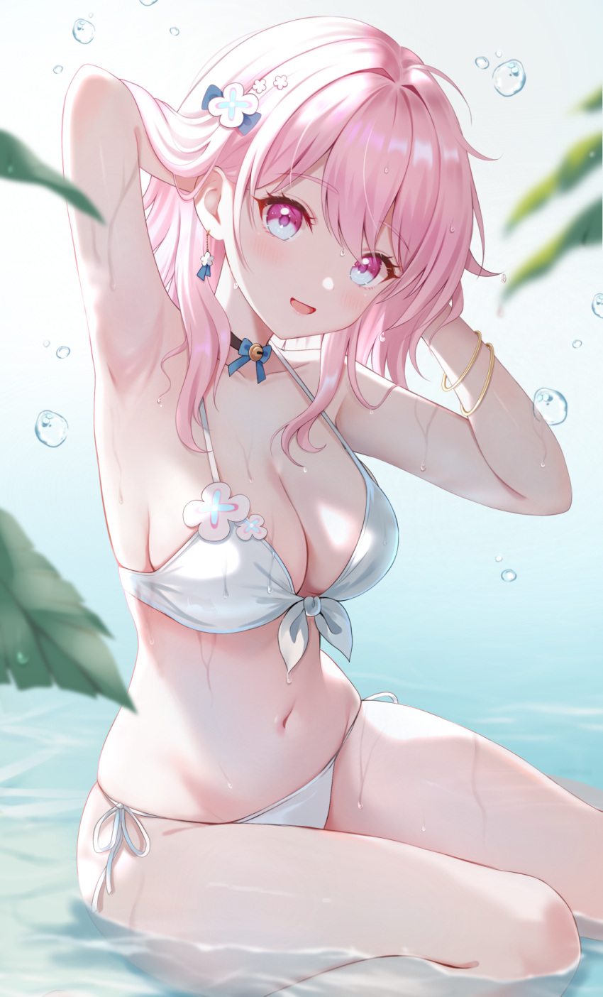 1girl :d arms_up bikini black_choker blue_bow blue_eyes blurry blush bow breasts choker cleavage collarbone commentary_request depth_of_field front-tie_top hair_between_eyes hair_bow hands_in_hair highres honkai:_star_rail honkai_(series) in_water knees_together_feet_apart large_breasts looking_at_viewer march_7th_(honkai:_star_rail) nasii navel open_mouth pink_eyes pink_hair side-tie_bikini_bottom smile solo stomach swimsuit thighs two-tone_eyes water white_bikini