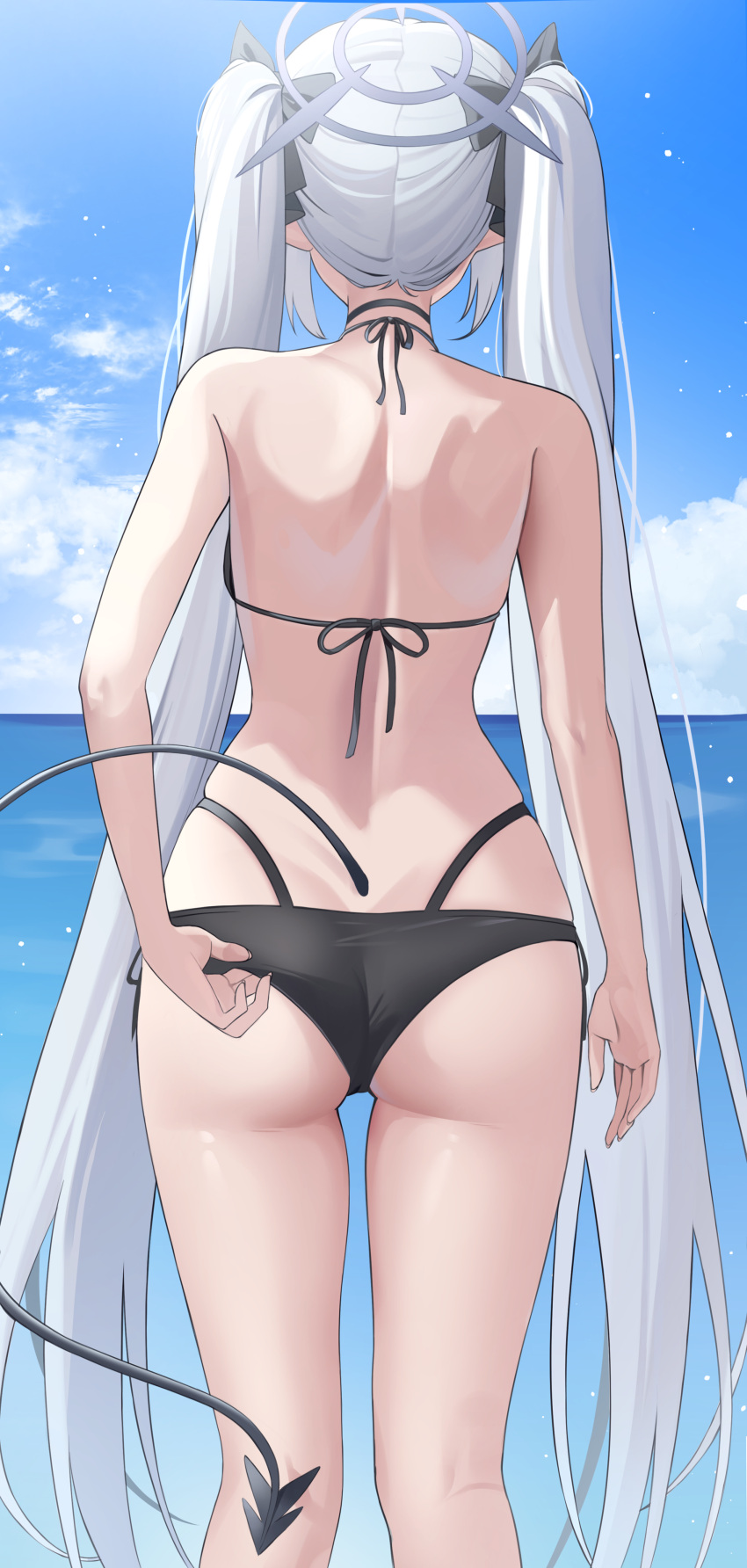 1girl absurdres adjusting_clothes adjusting_swimsuit ass bikini black_bikini blue_archive blue_sky cloud cloudy_sky commentary demon_girl demon_tail from_behind guntree halo highres horizon iori_(blue_archive) iori_(swimsuit)_(blue_archive) long_hair ocean pointy_ears purple_halo sky solo swimsuit tail thighs twintails very_long_hair white_hair