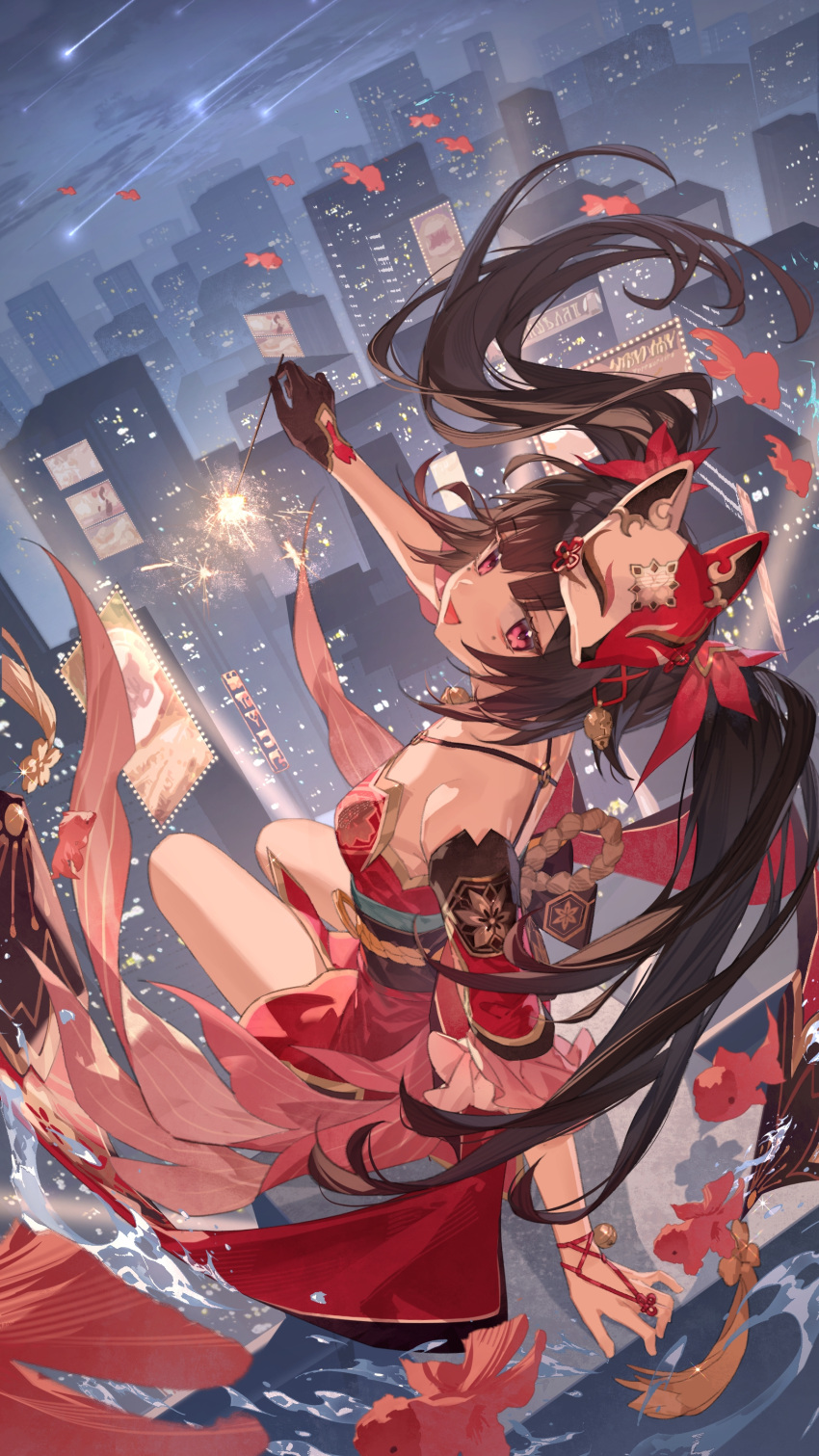 1girl :d absurdres bare_shoulders black_gloves black_hair black_sash breasts chinese_commentary city commentary_request detached_sleeves dress fish fox_mask gloves highres holding honkai:_star_rail honkai_(series) looking_at_viewer mask mask_on_head obi open_mouth pink_eyes red_dress sash short_sleeves sitting small_breasts smile solo sparkle_(honkai:_star_rail) tian_yanyan twintails