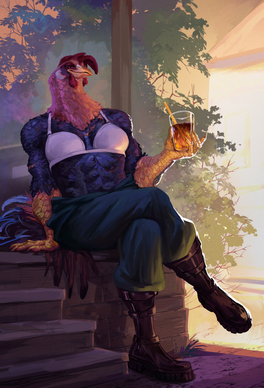 abs anthro avian beak beverage bird black_body black_feathers boots bra breasts chicken claws clothing crossed_legs day feathers female footwear galliform gallus_(genus) hi_res holding_beverage holding_object knyaz_kolosok muscular muscular_female nancy_(ahorribleperson) non-mammal_breasts orange_body orange_eyes orange_feathers outside overalls phasianid plant scar scuted_arms scutes shrub sitting solo straw tail tail_feathers teal_body teal_feathers turdusphilomelos underwear white_body white_skin yellow_scutes