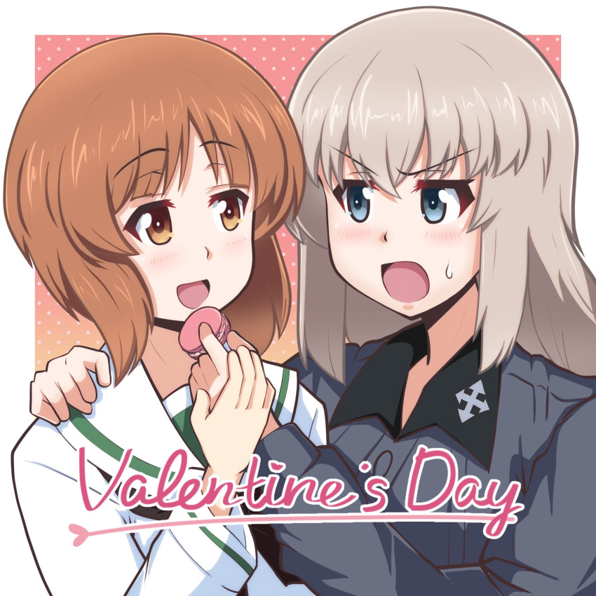 2girls black_neckerchief blouse blue_eyes blush brown_eyes brown_hair commentary cursive dress_shirt english_text food frown girls_und_panzer grey_hair grey_shirt hand_on_another's_hand hand_on_another's_shoulder heiden highres holding holding_food insignia itsumi_erika kuromorimine_school_uniform long_sleeves looking_at_another macaron medium_hair multiple_girls neckerchief nishizumi_miho ooarai_school_uniform open_mouth sailor_collar school_uniform serafuku shirt short_hair smile sweatdrop valentine white_sailor_collar white_shirt wing_collar yuri