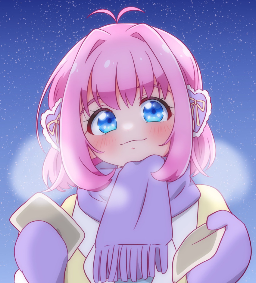 1girl amauri_miruki antenna_hair blue_eyes blush breath chii_(chi_pppuri) closed_mouth commentary_request hair_intakes hair_ornament heart heart_hair_ornament highres holding incoming_gift long_sleeves looking_at_viewer mittens night night_sky outdoors pink_hair pretty_series purple_mittens purple_scarf scarf short_hair sky smile solo star_(sky) starry_sky upper_body waccha_primagi! winter_clothes