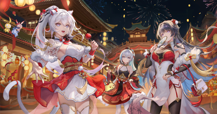 2024 3girls absurdres animal_ears architecture bag bare_shoulders beckoning black_hair blue_hair breasts bridal_gauntlets bronya_zaychik bronya_zaychik_(herrscher_of_truth) cat_ears cat_tail china_dress chinese_clothes chinese_new_year cleavage detached_sleeves dress earrings east_asian_architecture fake_animal_ears fake_tail fan_over_face fireworks food garter_straps grey_eyes grey_hair hair_ornament hair_ribbon hand_fan highres holding holding_bag holding_fan holding_food homu_(honkai_impact) honkai_(series) honkai_impact_3rd jewelry kiana_kaslana kiana_kaslana_(herrscher_of_finality) lantern long_hair looking_at_viewer multicolored_hair multiple_girls night official_art outstretched_hand paper_lantern purple_eyes raiden_mei raiden_mei_(herrscher_of_origin) ribbon smile taichi_(yirkorn) tail tail_ornament thighhighs two-tone_hair white_hair white_thighhighs wide_sleeves